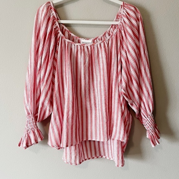 Felicite NWT Striped Cotton Smocked Sleeve Blouse Sz 4 Red Cottagecore Nautical - Picture 1 of 9